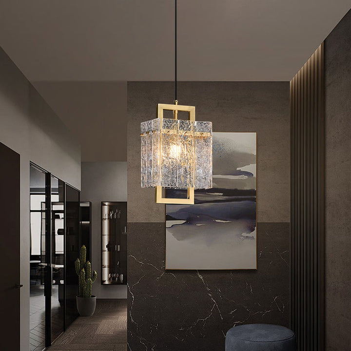 Brass Geometric Pendant Light with Water-Ripple Glass