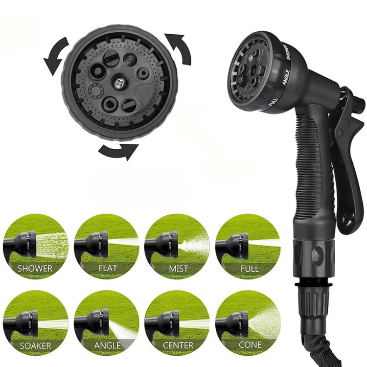 Expandable garden hose with spray gun