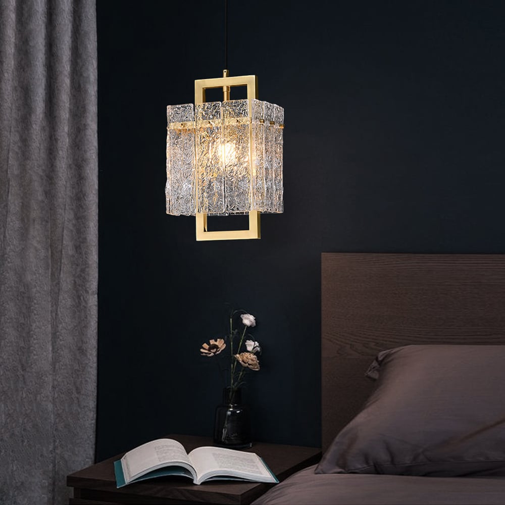 Brass Geometric Pendant Light with Water-Ripple Glass