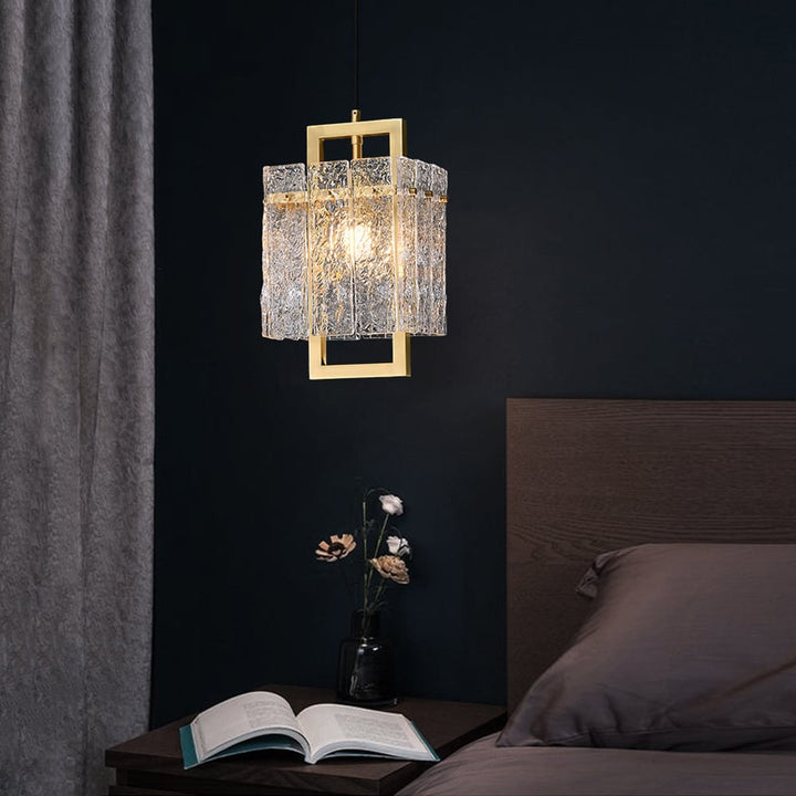 Brass Geometric Pendant Light with Water-Ripple Glass