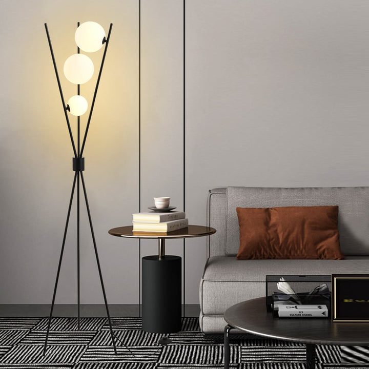 Black Tripod Floor Lamp with Three Glass Shades