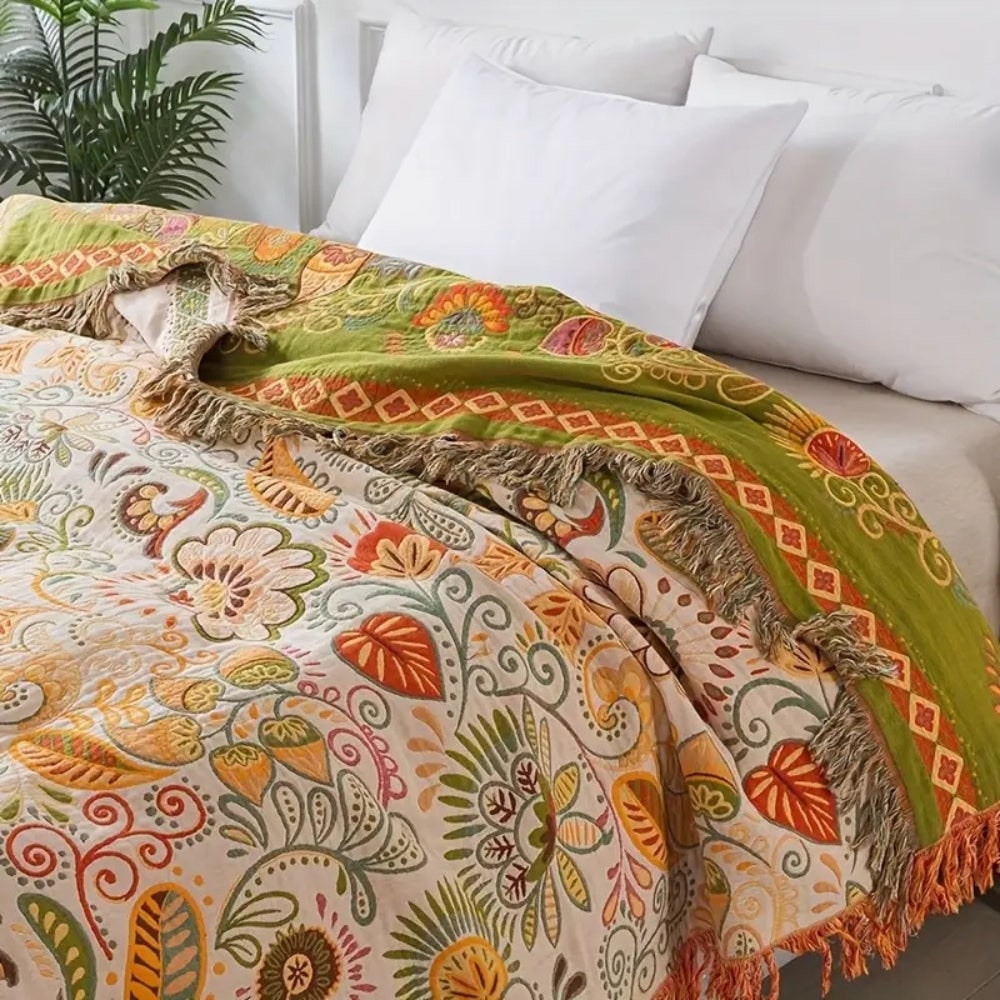 Fringed woven cotton throw