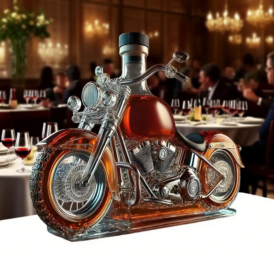 Glass motorcycle whiskey decanter