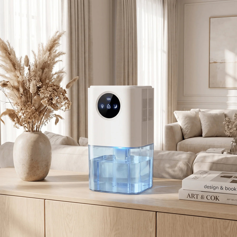 Halo mini dehumidifier on an oak sideboard in a living room