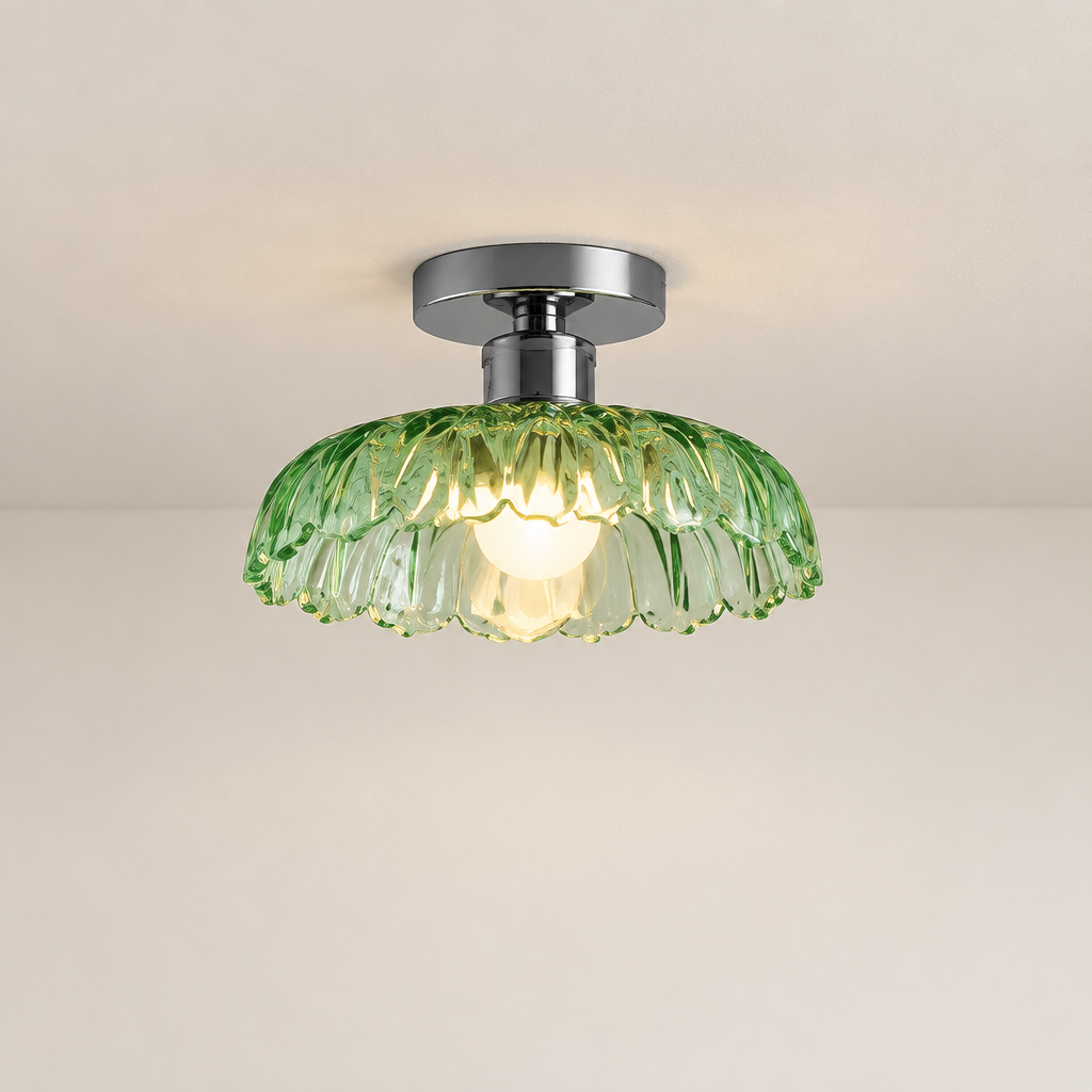 Green pressed-glass flush mount ceiling light with chrome plate