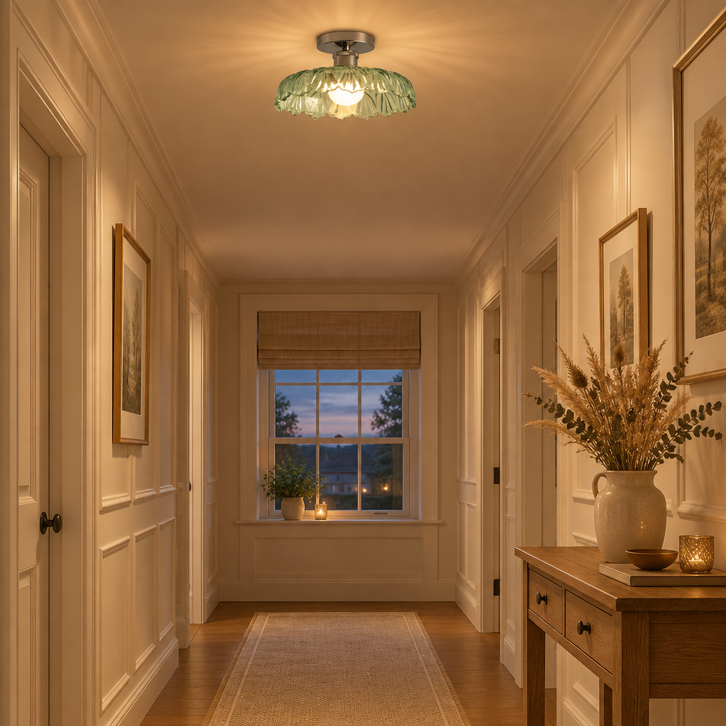 Green glass ceiling light lit in a panelled hallway