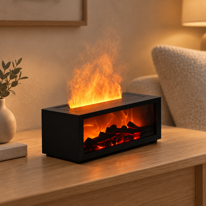 Fireplace effect humidifier on a side table in a living room