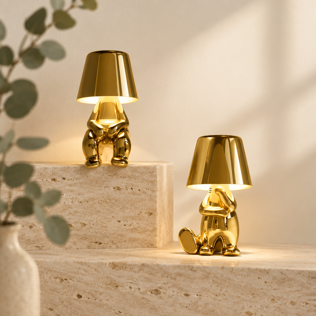 Gold resin figurine table lamps lit on a stone shelf