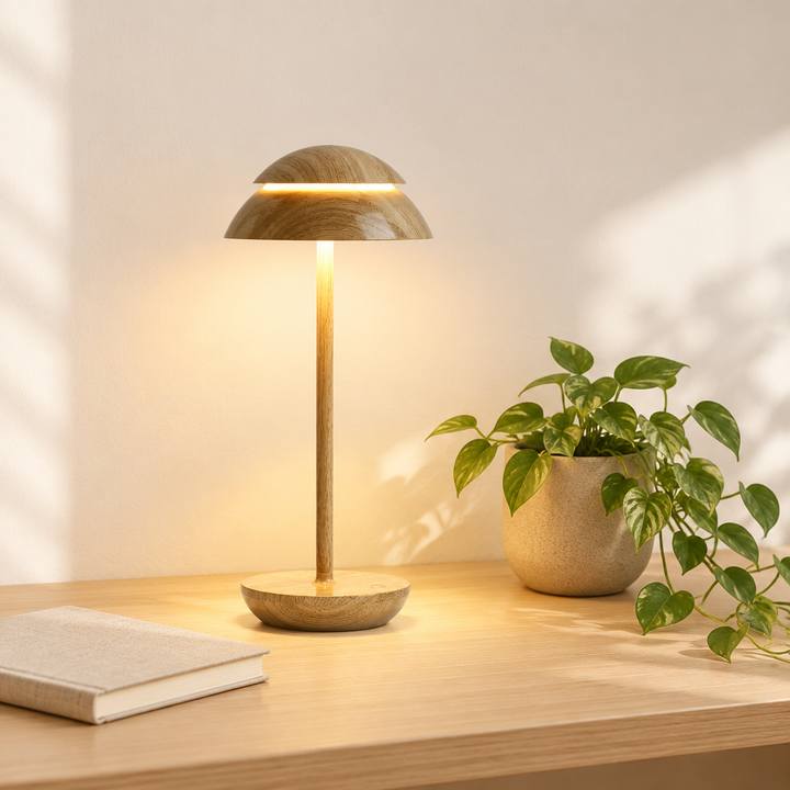Scandinavian cordless table lamp on a pale oak desk