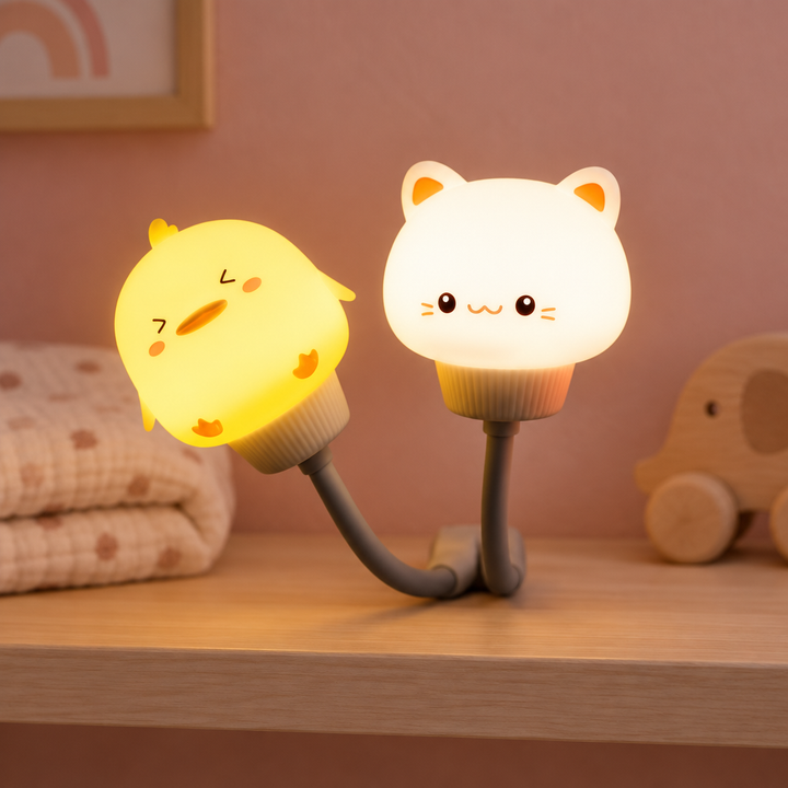 Silicone animal night lights glowing on a nursery shelf
