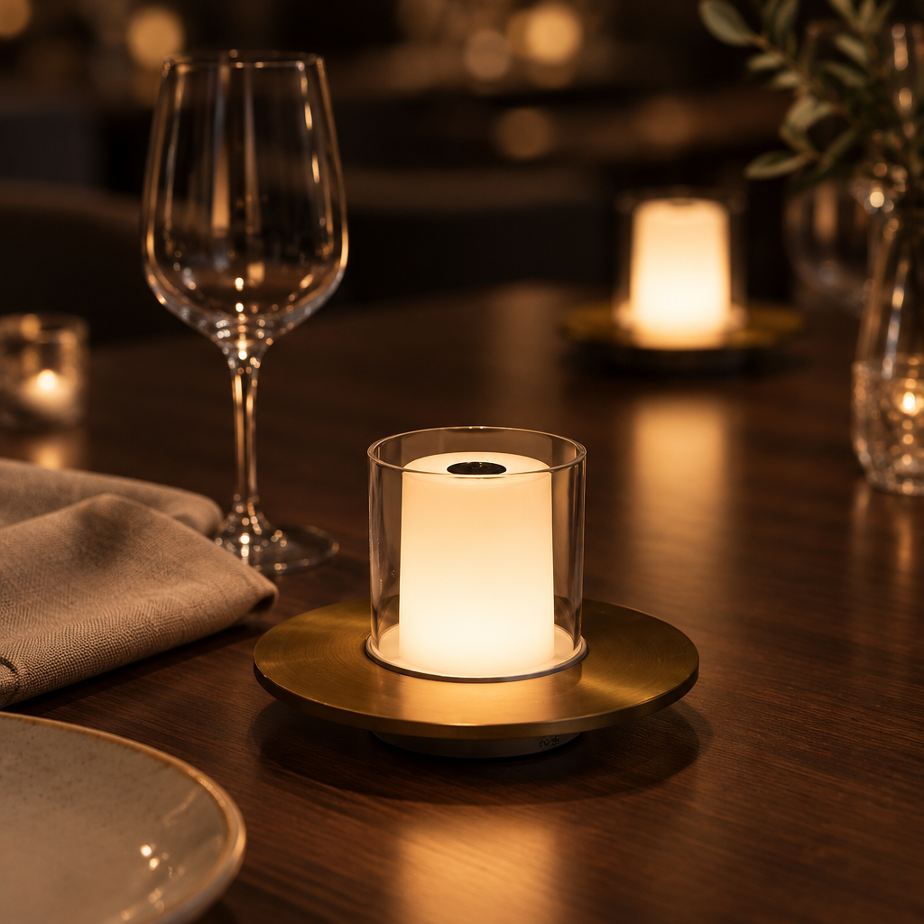 Rechargeable candle flame table lamp on a walnut dining table
