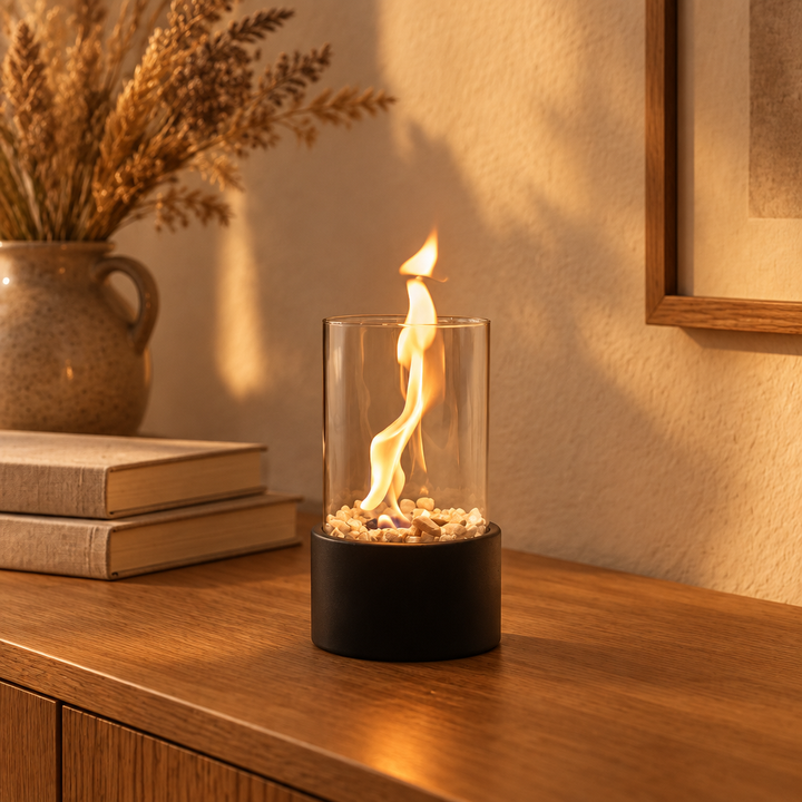 Glass and metal oil lamp burning on an oak console