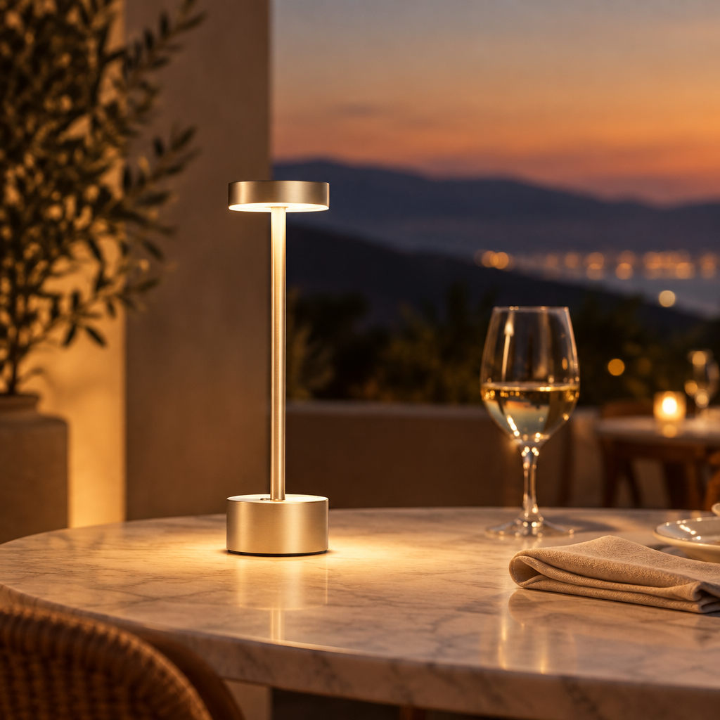 Slim aluminium cordless table lamp on a marble table at dusk