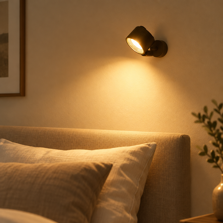 Cordless magnetic wall reading light above a bed