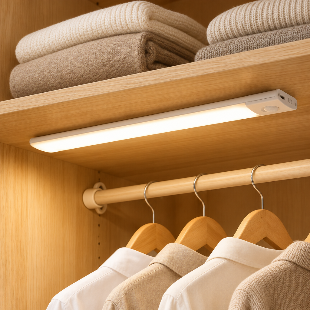Motion sensor light bar lighting a wardrobe rail