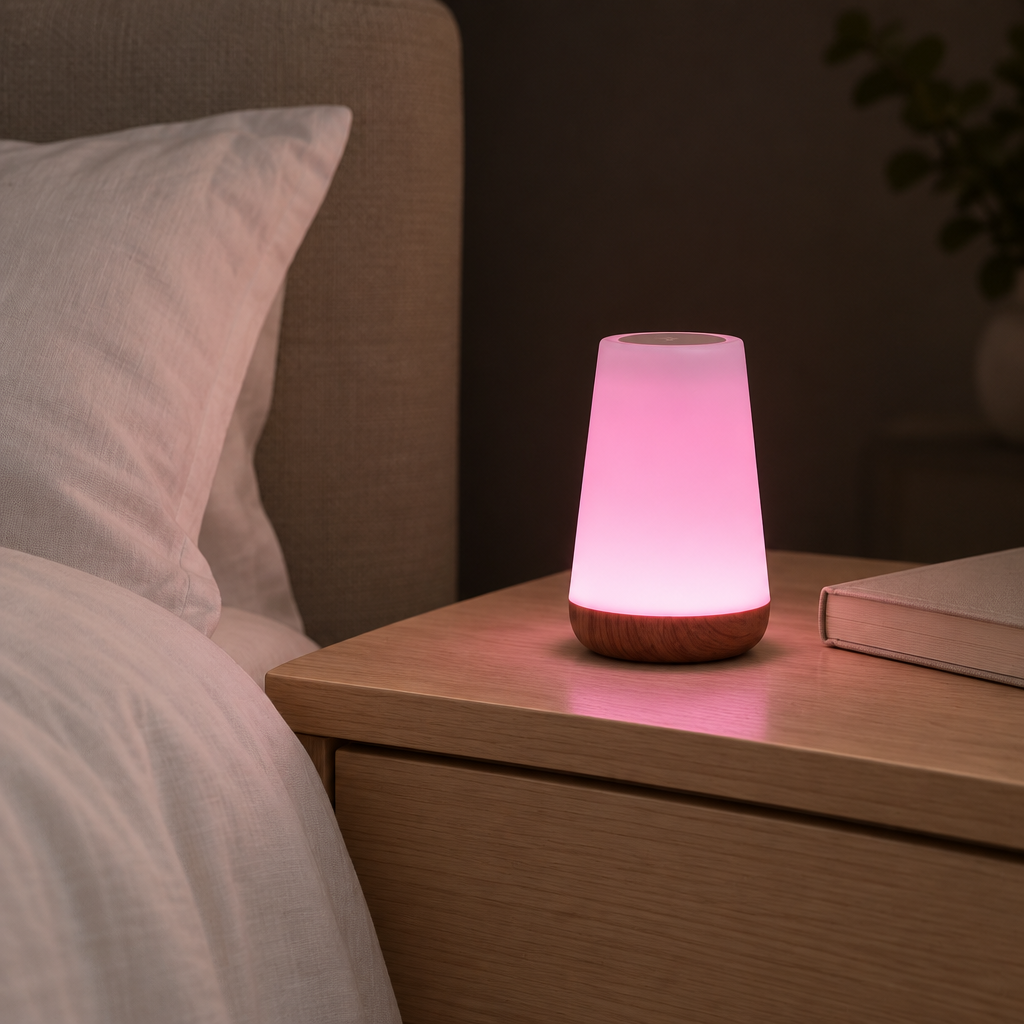 Touch control colour-changing night light on a bedside table