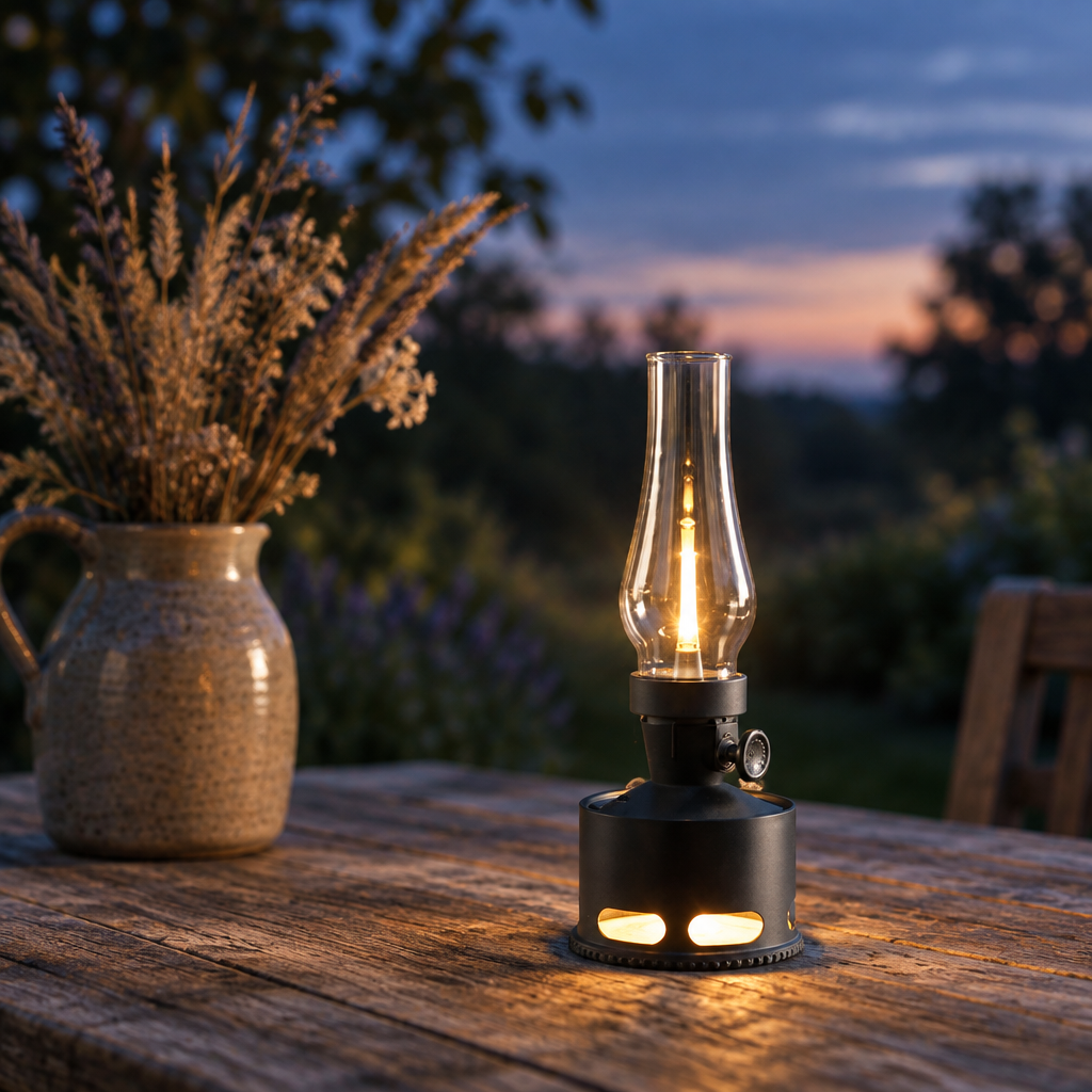 Vintage aluminium LED storm lantern on a garden table