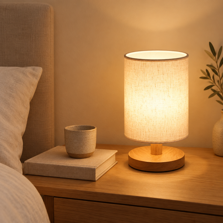 Wood and fabric cordless table lamp on a bedside table