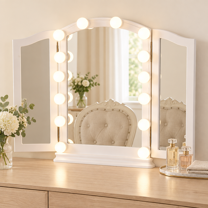 Dimmable vanity mirror light bulbs around a dressing table mirror