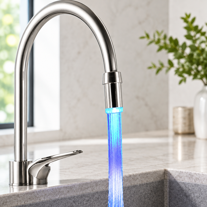Colour-changing LED tap light on a kitchen mixer tap