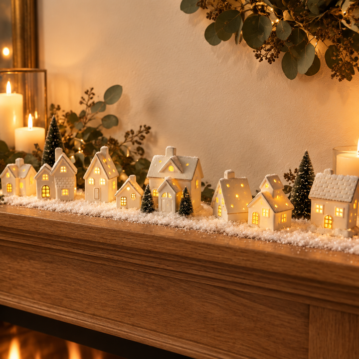 Light-up ceramic Christmas village on a mantelpiece