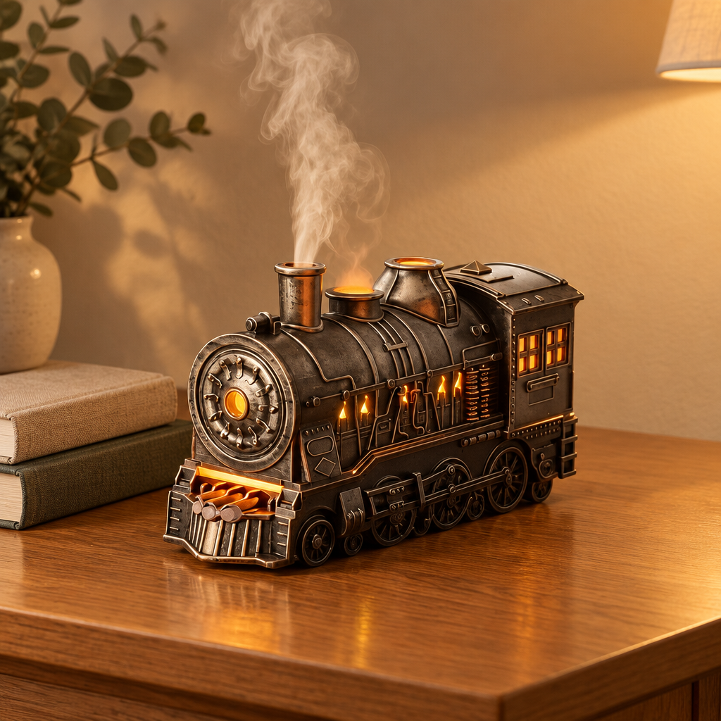 Steam locomotive humidifier releasing mist on a side table