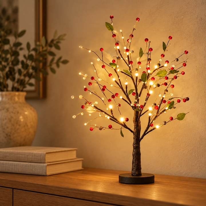 Berry and pearl blossom tree light on an oak console