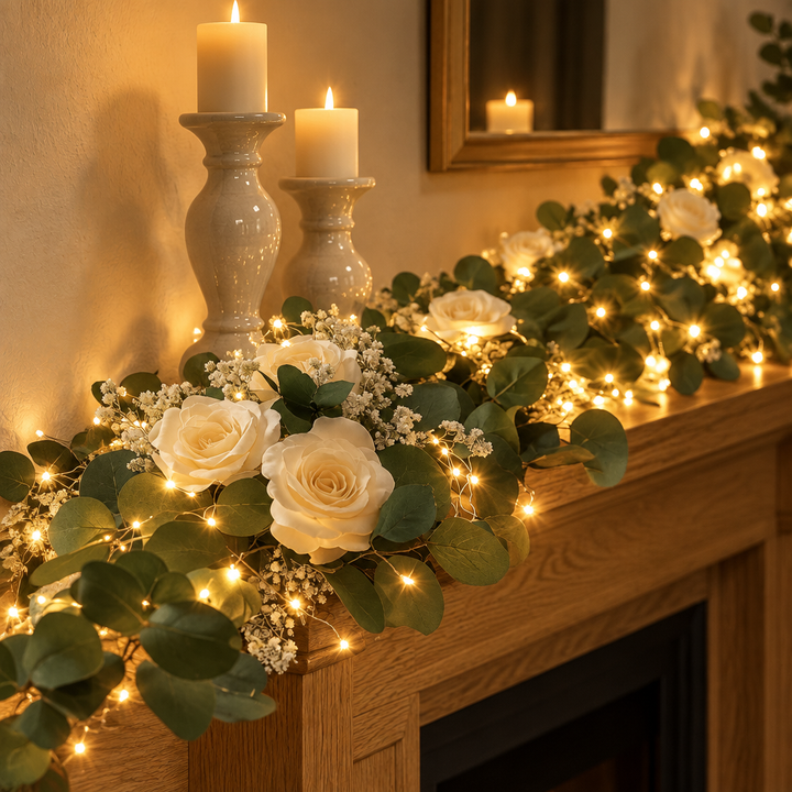 Botanical leaf garland string lights along a mantelpiece