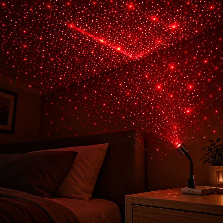 Mini USB star projector casting stars across a bedroom ceiling