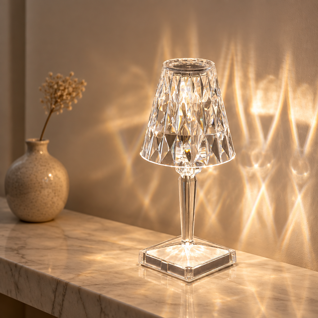 Faceted crystal effect table lamp casting patterns on a wall