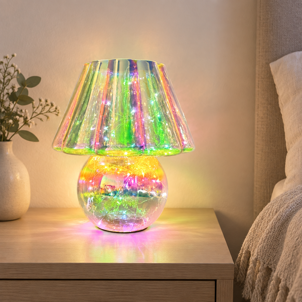 Colour changing mushroom table lamp glowing on a bedside table