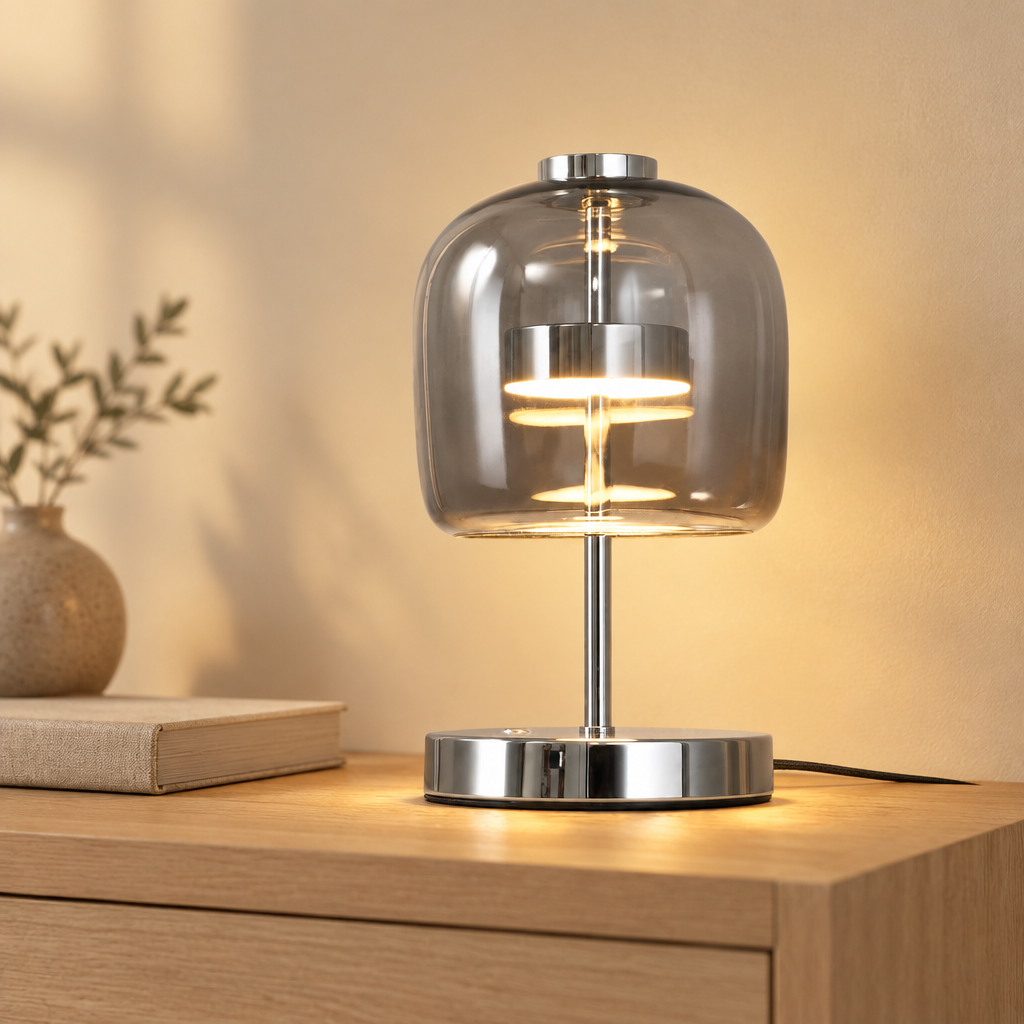 Chrome table lamp with smoked glass shade on an oak console
