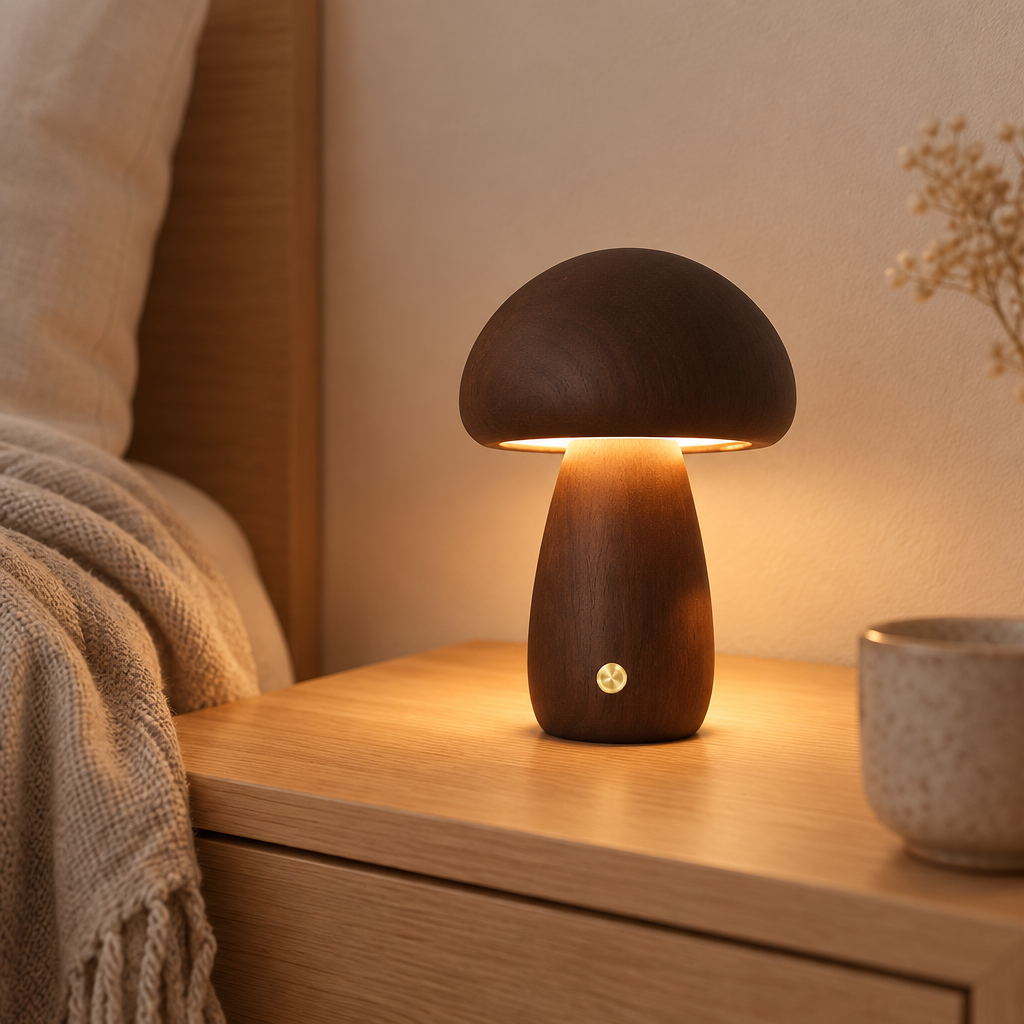 Solid wood mushroom table lamp on a bedside table