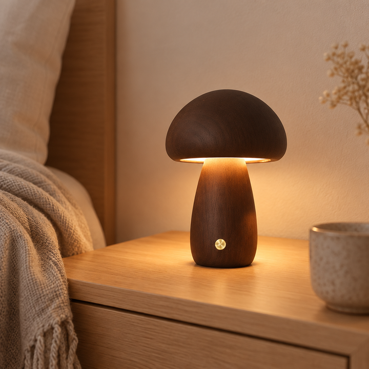 Solid wood mushroom table lamp on a bedside table