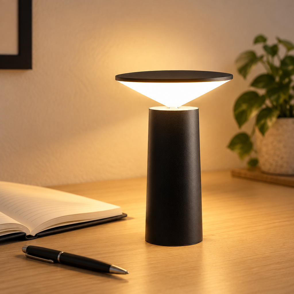 Folding cordless table lamp open on an oak desk