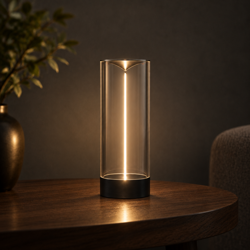 Cordless cylinder table lamp with a glowing beam