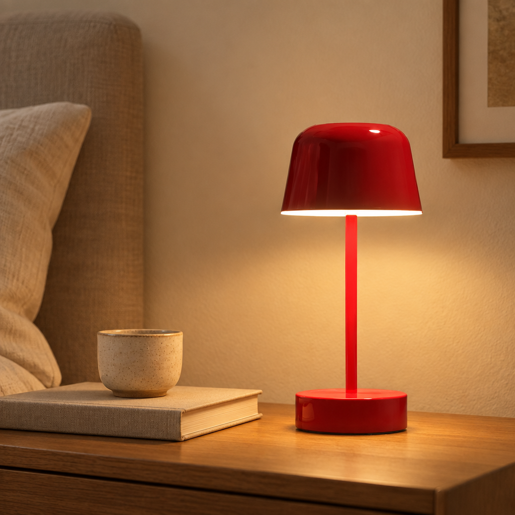 Cordless metal cone table lamp on a bedside table