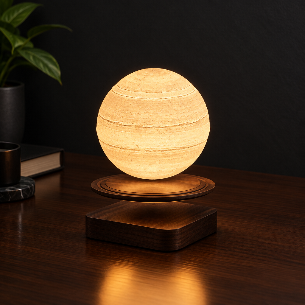 Levitating moon lamp floating above its wooden base