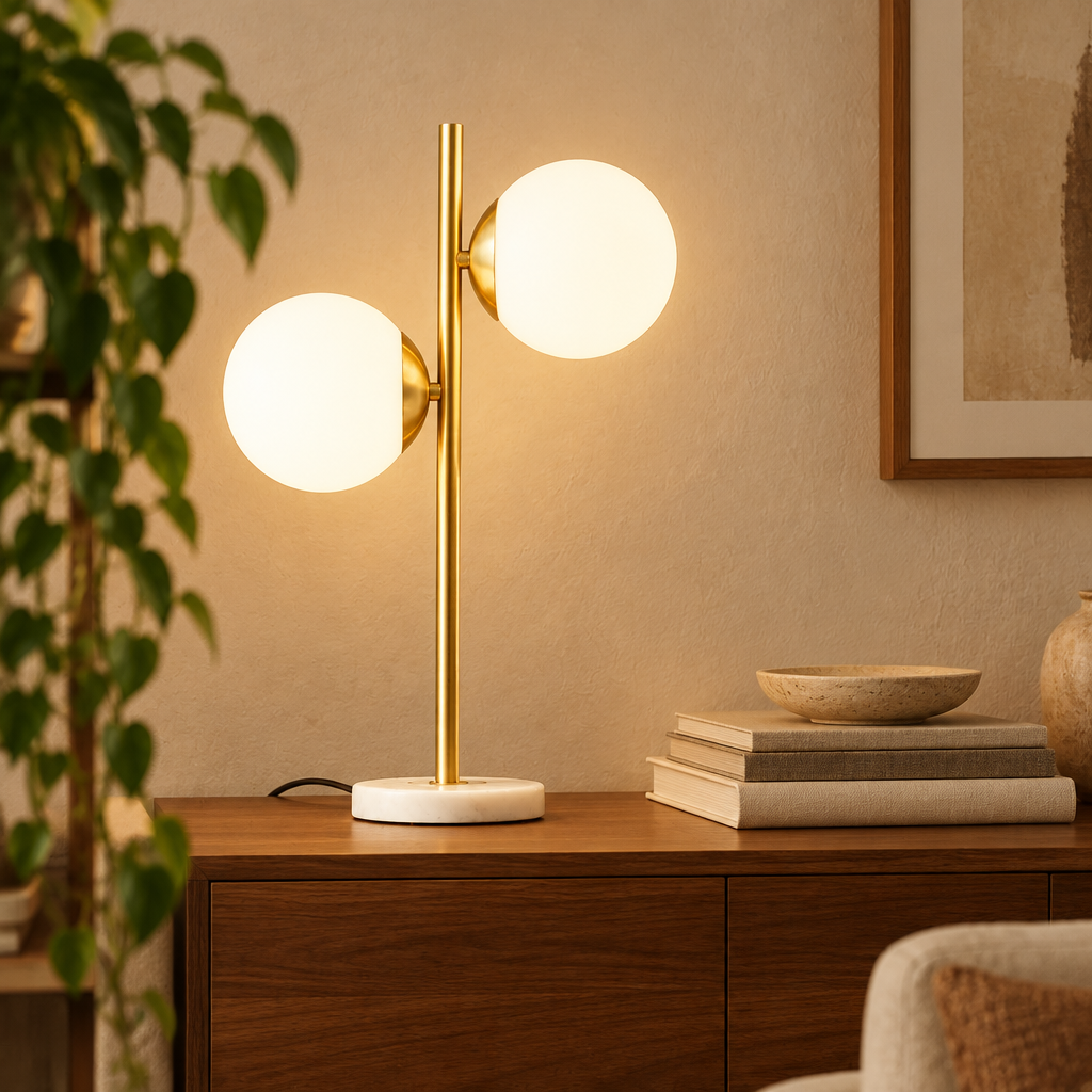 Gold globe table lamp with marble base on a walnut sideboard