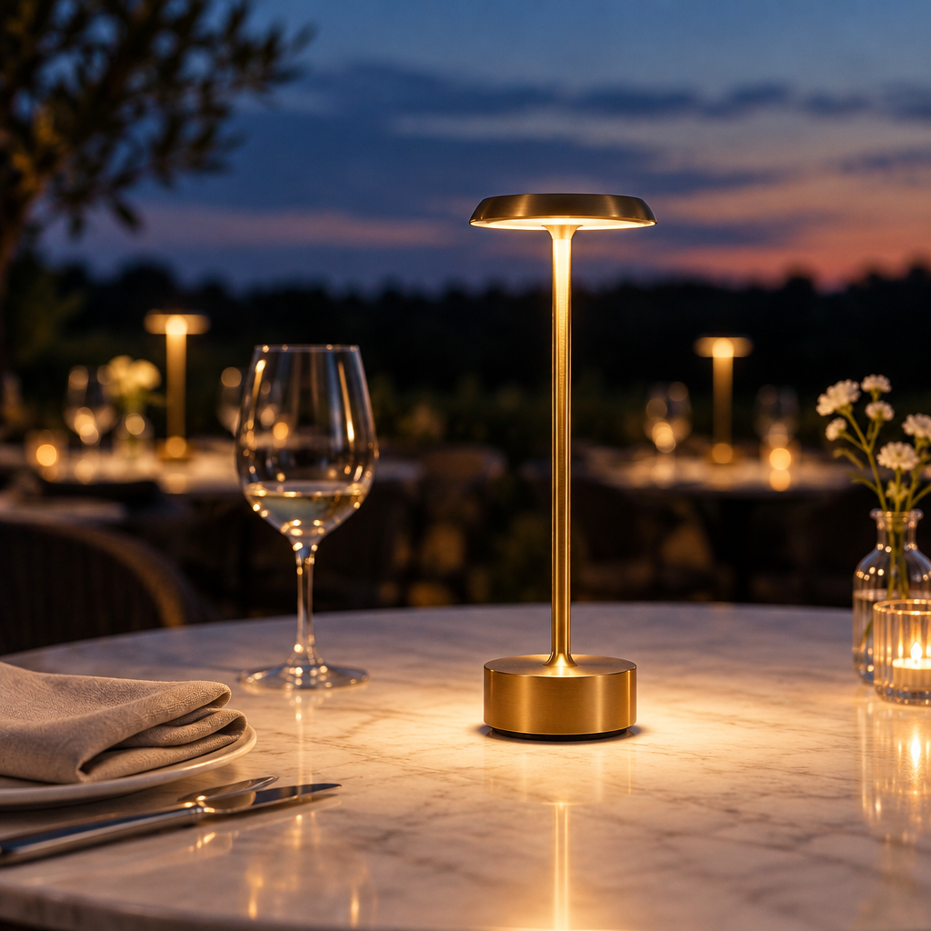 Cordless aluminium table lamp on a restaurant table at dusk