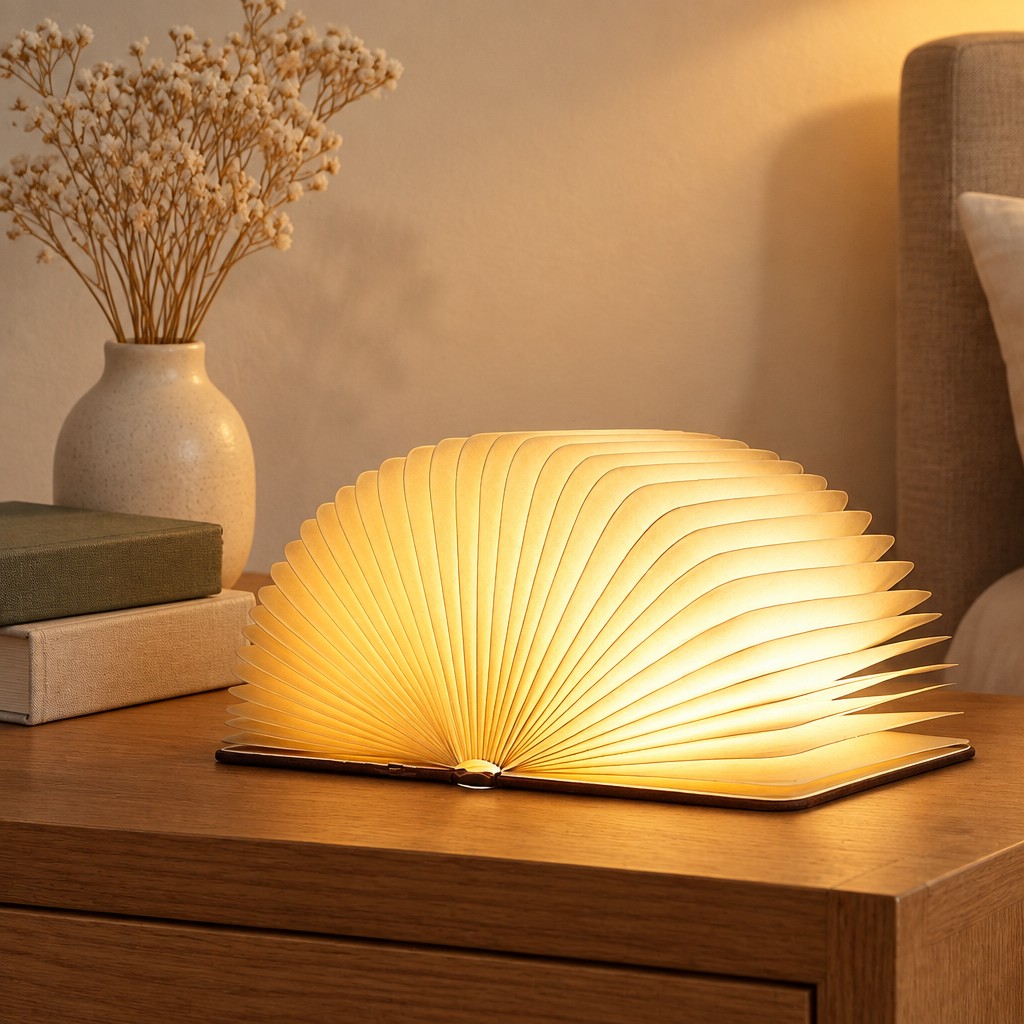 Folding wooden book lamp fanned open and glowing