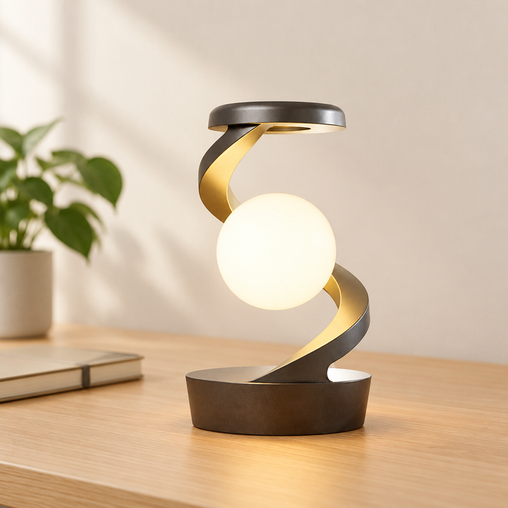 Gesture control table lamp with glowing globe and spiral arm