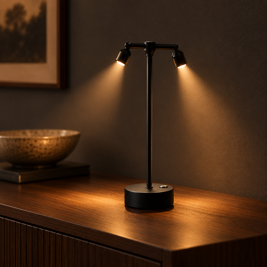 Adjustable multi-head spotlight table lamp on a walnut console