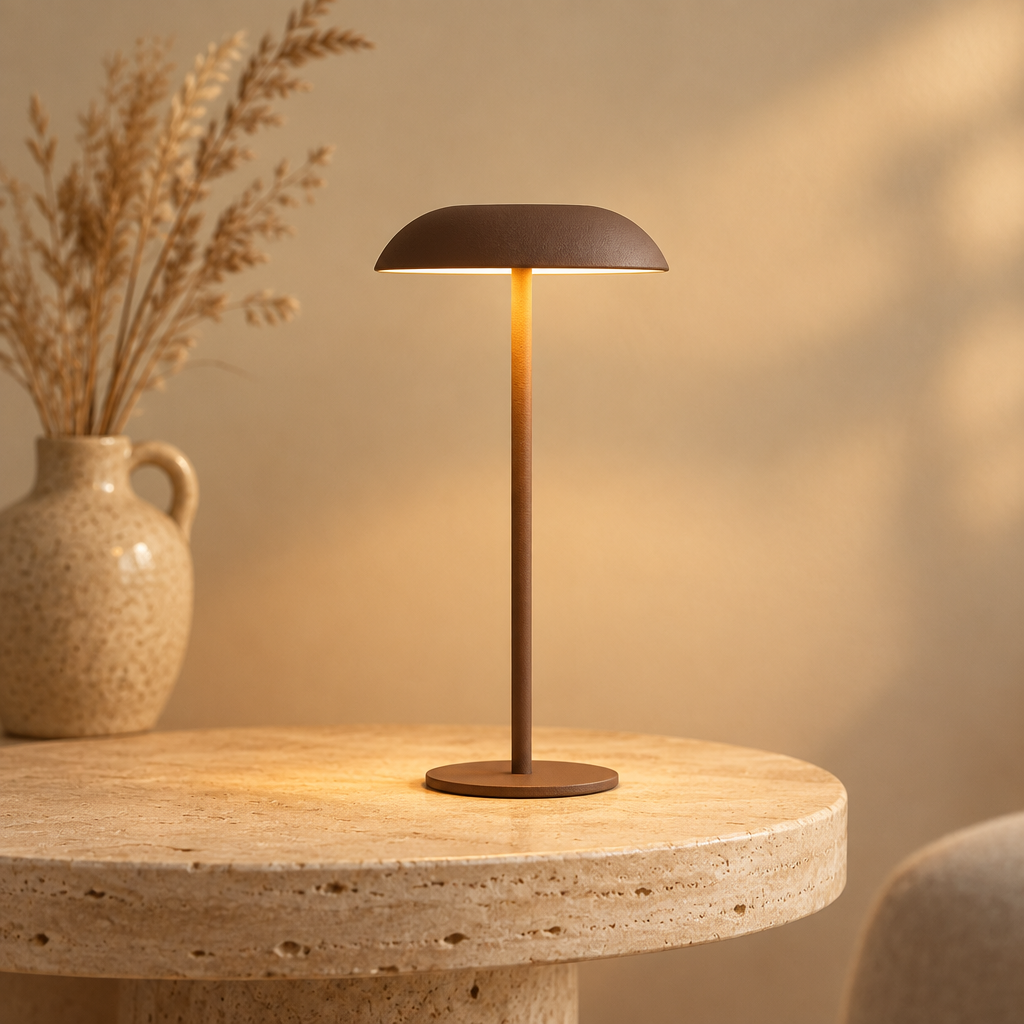 Solid iron cordless table lamp on a travertine side table