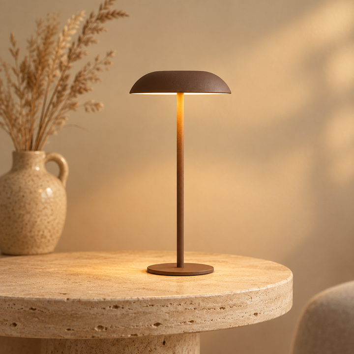 Solid iron cordless table lamp on a travertine side table
