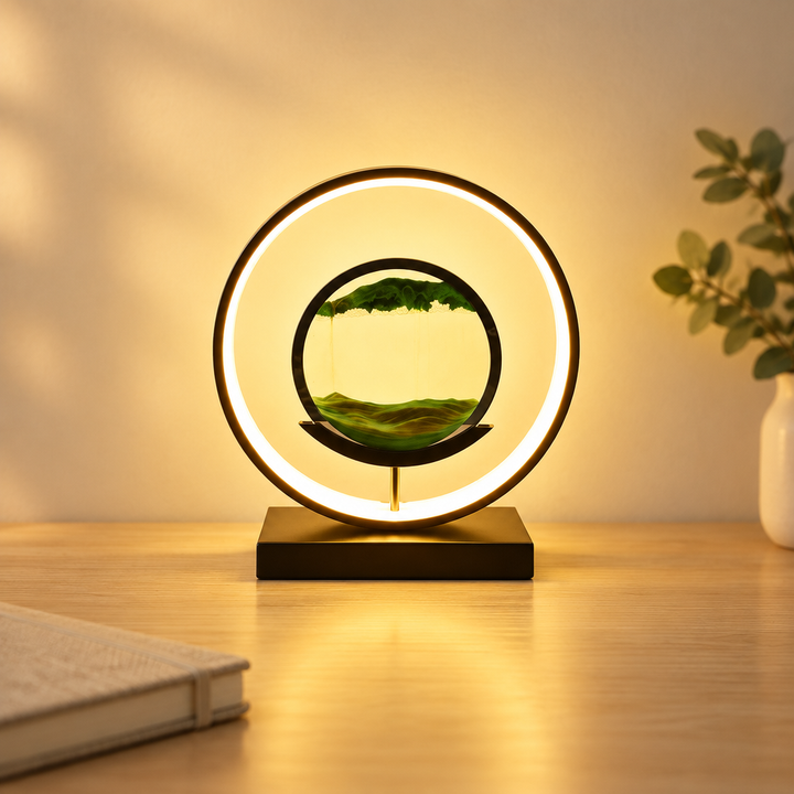Sand art lamp with glowing LED ring on a desk