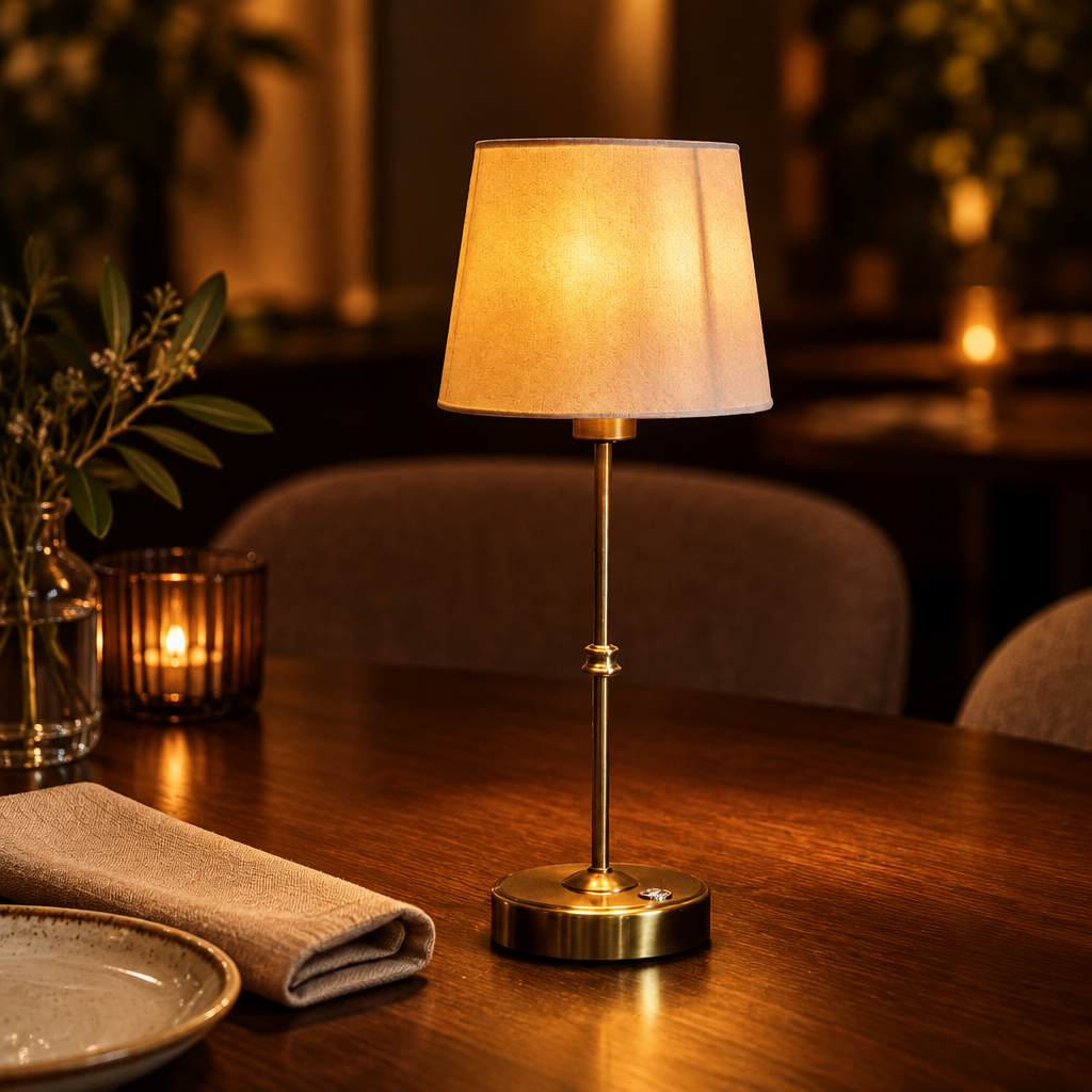 Cordless table lamp with fabric shade on a restaurant table