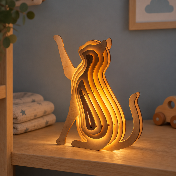 Wooden animal table lamp glowing on a nursery shelf