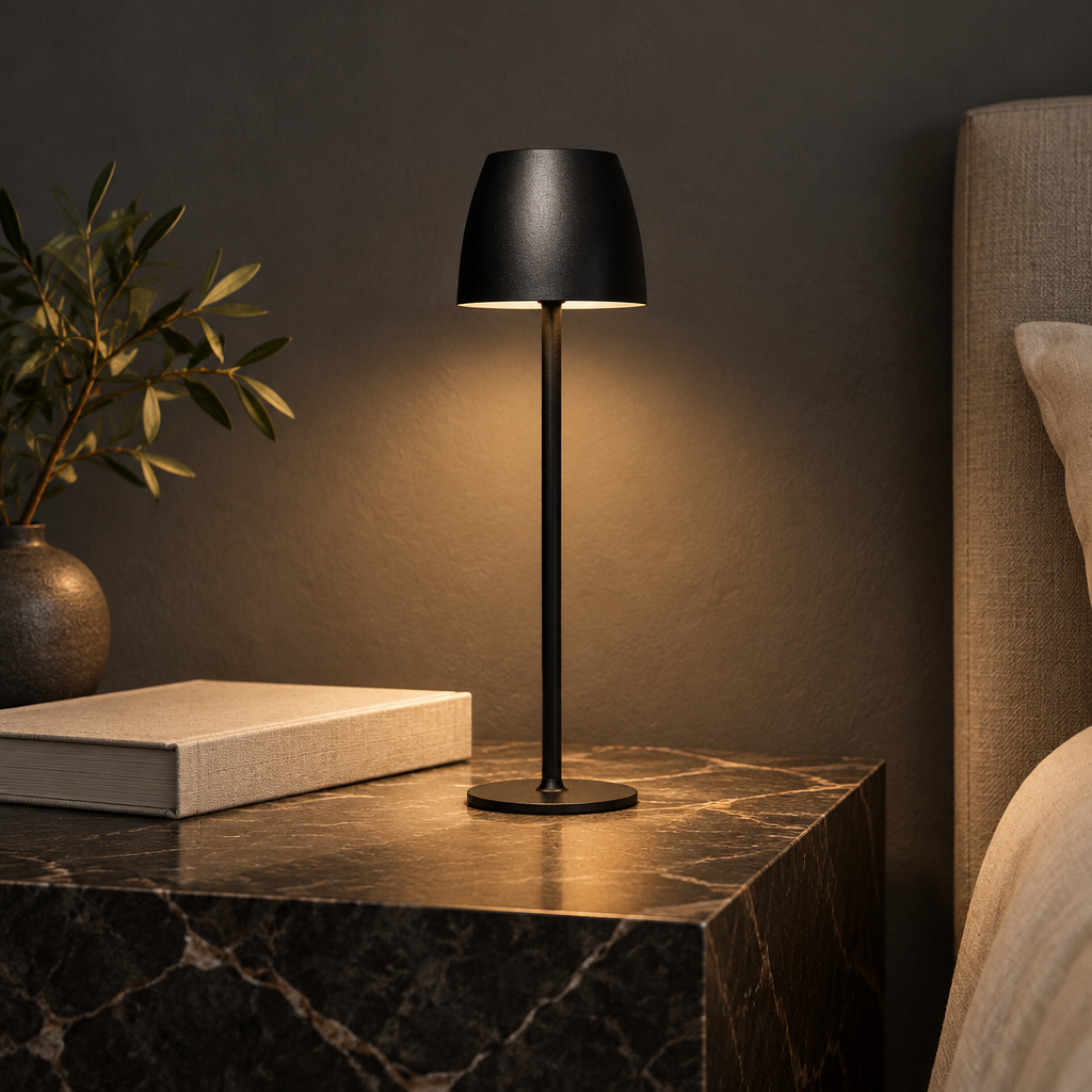 Slim iron cordless table lamp on a marble bedside table