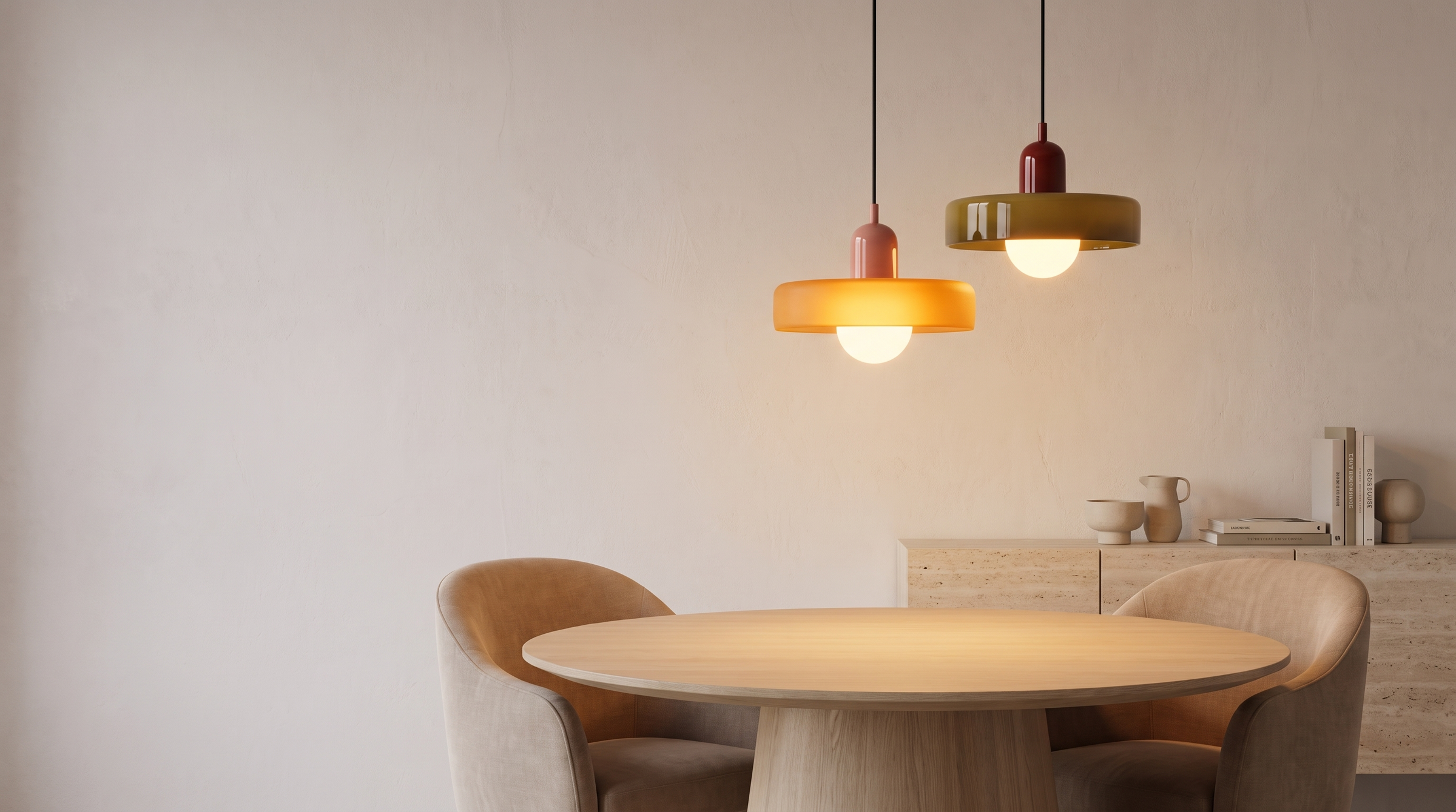 Pendant lights above a dining table at dusk